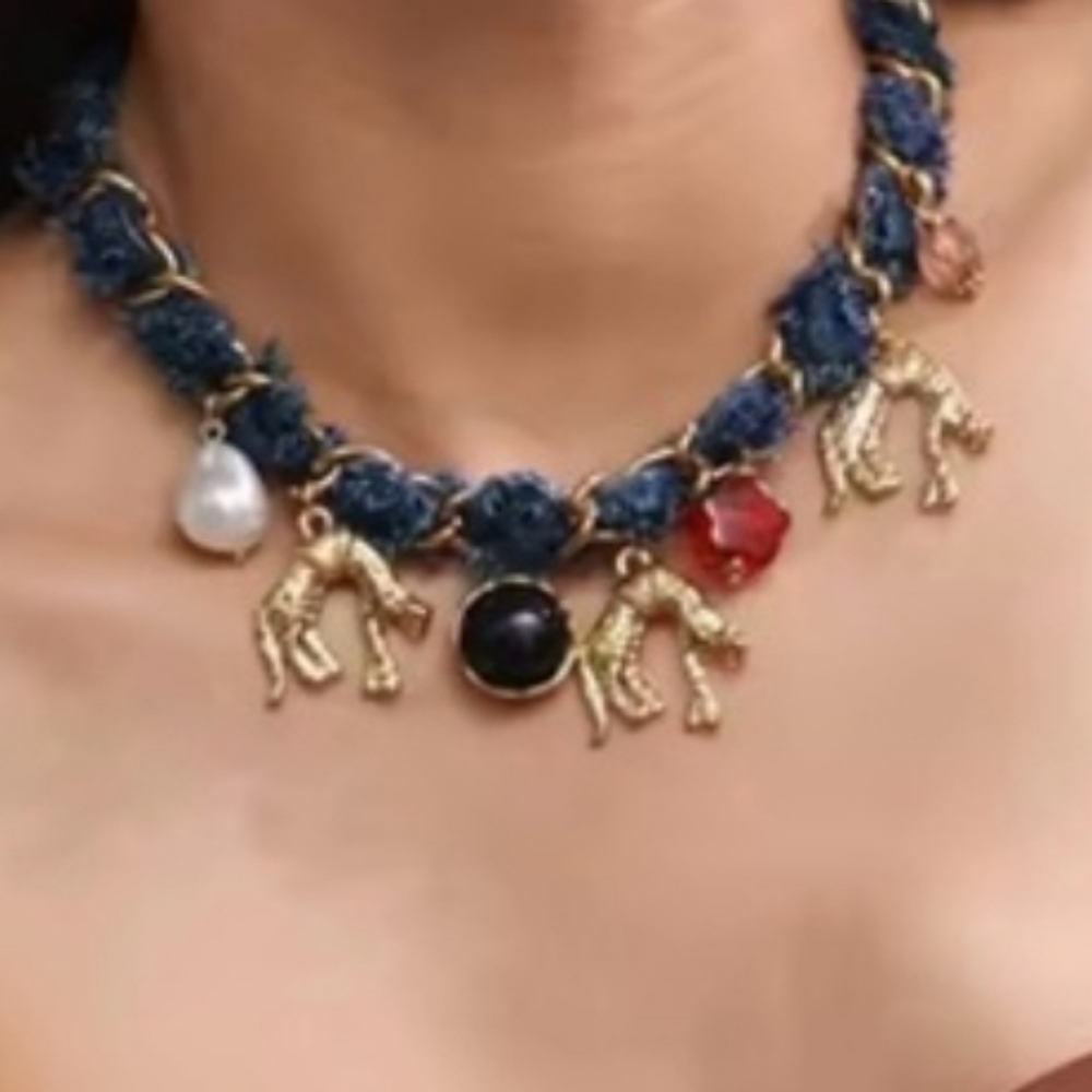 New! Denim Leopard Charm Necklace 18k Gold Plated | NWOT - Picture 1 of 8